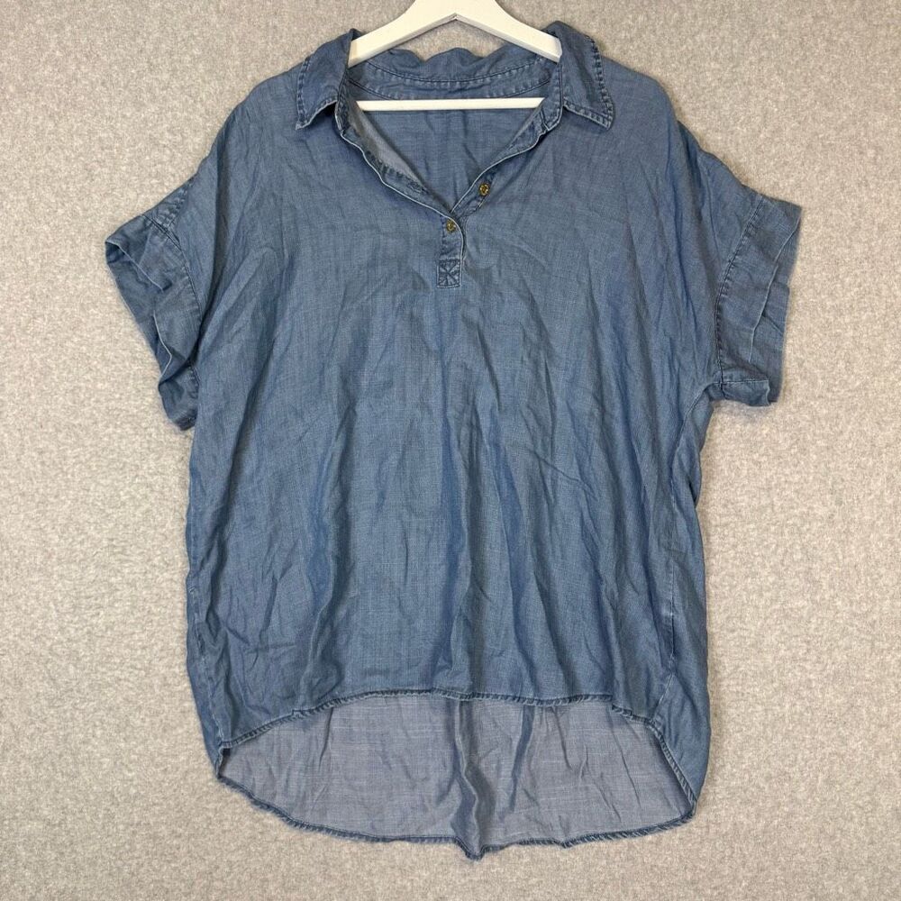 Ellen Tracy Women's Large Blue Lyocell Hi Low Short Sleeve Shirt Top Blouse